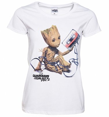 Women's White Baby Groot And Cassette Guardians Of The Galaxy T-Shirt Women's White Baby Groot And Cassette Guardians Of The Galaxy T-Shirt