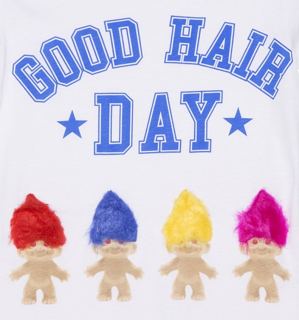 Women's White Good Hair Day Trolls 3D Hair Rolled Sleeve Boyfriend T-Shirt Women's White Good Hair Day Trolls 3D Hair Rolled Sleeve Boyfriend T-Shirt