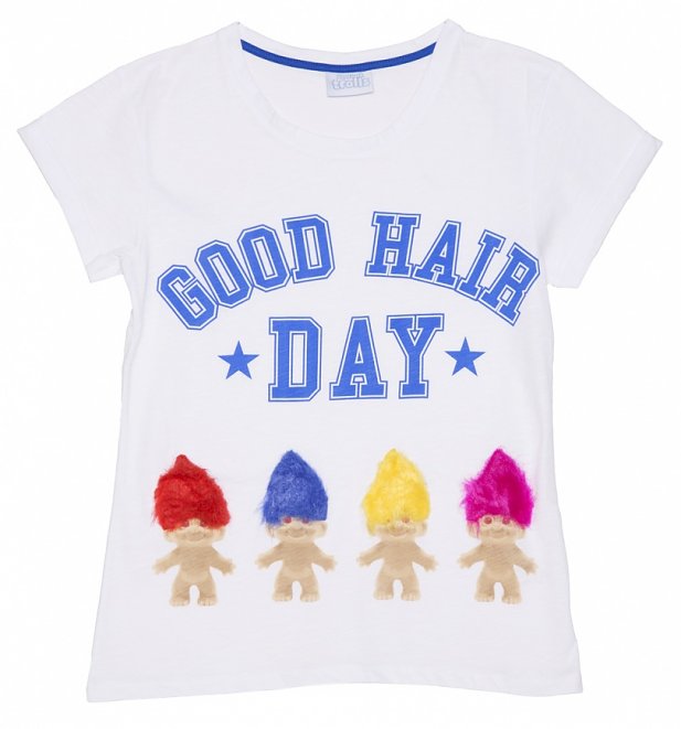 Women's White Good Hair Day Trolls 3D Hair Rolled Sleeve Boyfriend T-Shirt Women's White Good Hair Day Trolls 3D Hair Rolled Sleeve Boyfriend T-Shirt