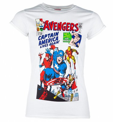 Women's White Marvel The Avengers Vintage Cover Print T-Shirt Women's White Marvel The Avengers Vintage Cover Print T-Shirt