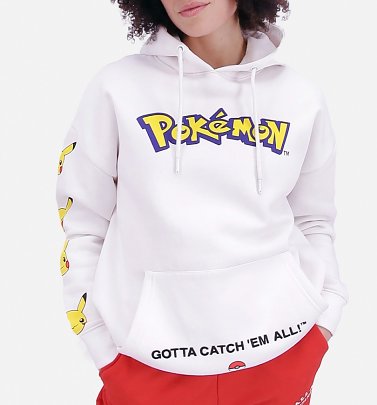 Women's White Oversized Pokemon Hoodie with Sleeve Print from Difuzed