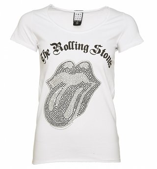 Women's White Rolling Stones Black and Silver Diamante Tongue T-Shirt from Amplified Women's White Rolling Stones Black and Silver Diamante Tongue T-Shirt from Amplified