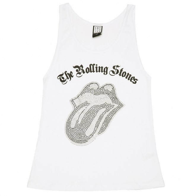 Women's White Rolling Stones Black and Silver Diamante Tongue Vest from Amplified Women's White Rolling Stones Black and Silver Diamante Tongue Vest from Amplified