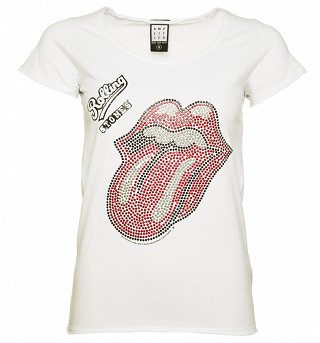 Women's White Rolling Stones Red and Silver Diamante Tongue T-Shirt from Amplified Women's White Rolling Stones Red and Silver Diamante Tongue T-Shirt from Amplified