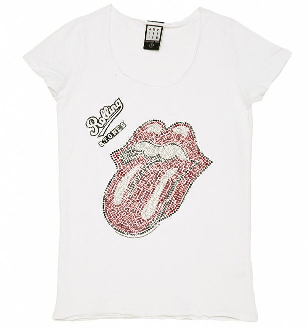 Women's White Rolling Stones Red and Silver Diamante Tongue T-Shirt from Amplified Women's White Rolling Stones Red and Silver Diamante Tongue T-Shirt from Amplified