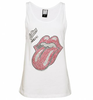 Women's White Rolling Stones Red and Silver Diamante Tongue Vest from Amplified Women's White Rolling Stones Red and Silver Diamante Tongue Vest from Amplified