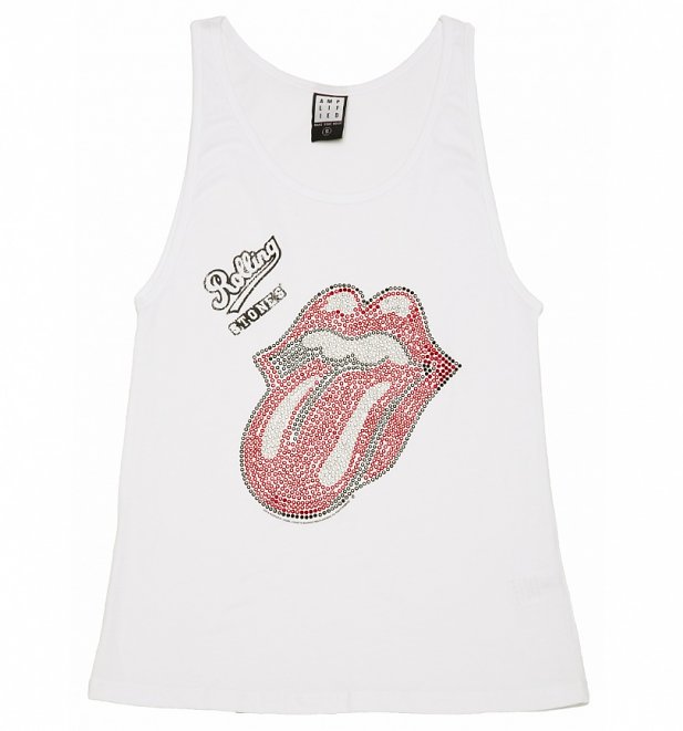 Women's White Rolling Stones Red and Silver Diamante Tongue Vest from Amplified Women's White Rolling Stones Red and Silver Diamante Tongue Vest from Amplified