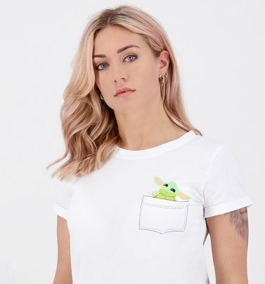 Women's White Star Wars Mandalorian Baby Yoda Pocket T-Shirt from Difuzed Women's White Star Wars Mandalorian Baby Yoda Pocket T-Shirt from Difuzed
