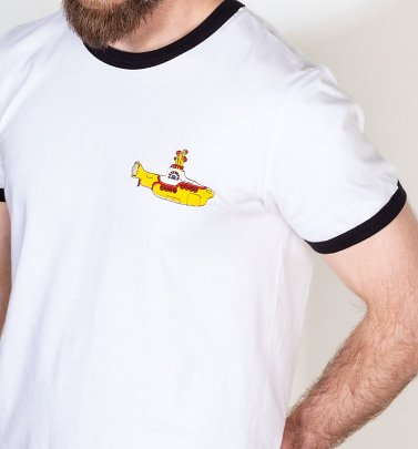 Yellow Submarine Embroidered White And Black Ringer T-Shirt Yellow Submarine Embroidered White And Black Ringer T-Shirt