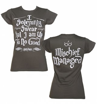 Women's Charcoal Harry Potter I Solemnly Swear Mischief Managed T-Shirt With Back Print Women's Charcoal Harry Potter I Solemnly Swear Mischief Managed T-Shirt With Back Print