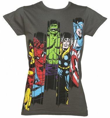 Women's Charcoal Marvel Superheroes Panel T-Shirt Women's Charcoal Marvel Superheroes Panel T-Shirt