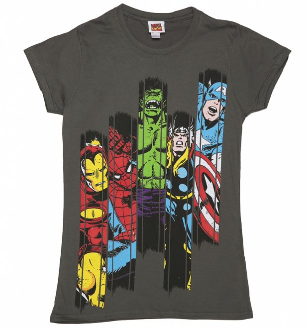Women's Charcoal Marvel Superheroes Panel T-Shirt Women's Charcoal Marvel Superheroes Panel T-Shirt