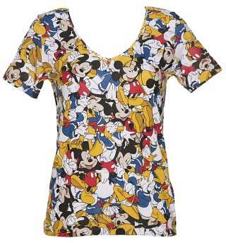 Women's Disney Mickey Mouse And Donald Duck All Over Print V-Neck T-Shirt from Eleven Paris Women's Disney Mickey Mouse And Donald Duck All Over Print V-Neck T-Shirt from Eleven Paris