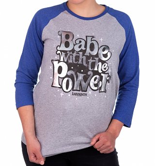Women's Labyrinth Babe With The Power Heather Grey And Indigo Raglan Baseball T-Shirt Women's Labyrinth Babe With The Power Heather Grey And Indigo Raglan Baseball T-Shirt