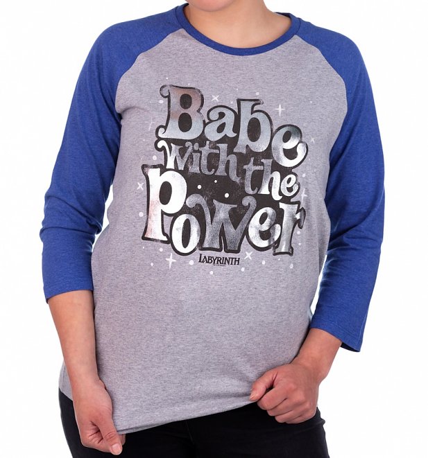 Women's Labyrinth Babe With The Power Heather Grey And Indigo Raglan Baseball T-Shirt Women's Labyrinth Babe With The Power Heather Grey And Indigo Raglan Baseball T-Shirt